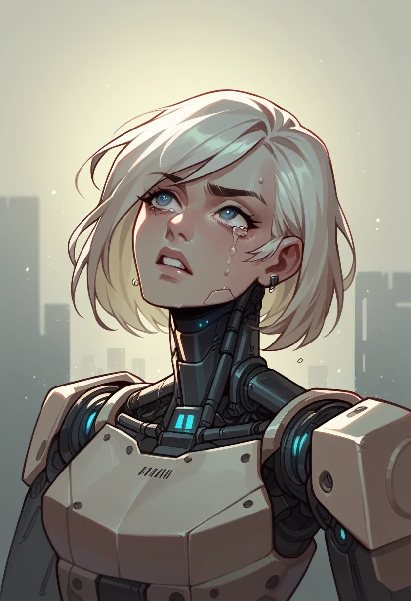 A futuristic female android with a white bob haircut, looking melancholic. Her face is a blend of human and machine, with visible mechanical components and synthetic skin. She has tears running down her face, emphasizing a sense of sorrow or emotional depth. Her neck and shoulders are intricately designed with exposed circuits and machinery, showcasing advanced technology. The background is minimalist with faint lines and circuit patterns, highlighting the sci-fi theme."