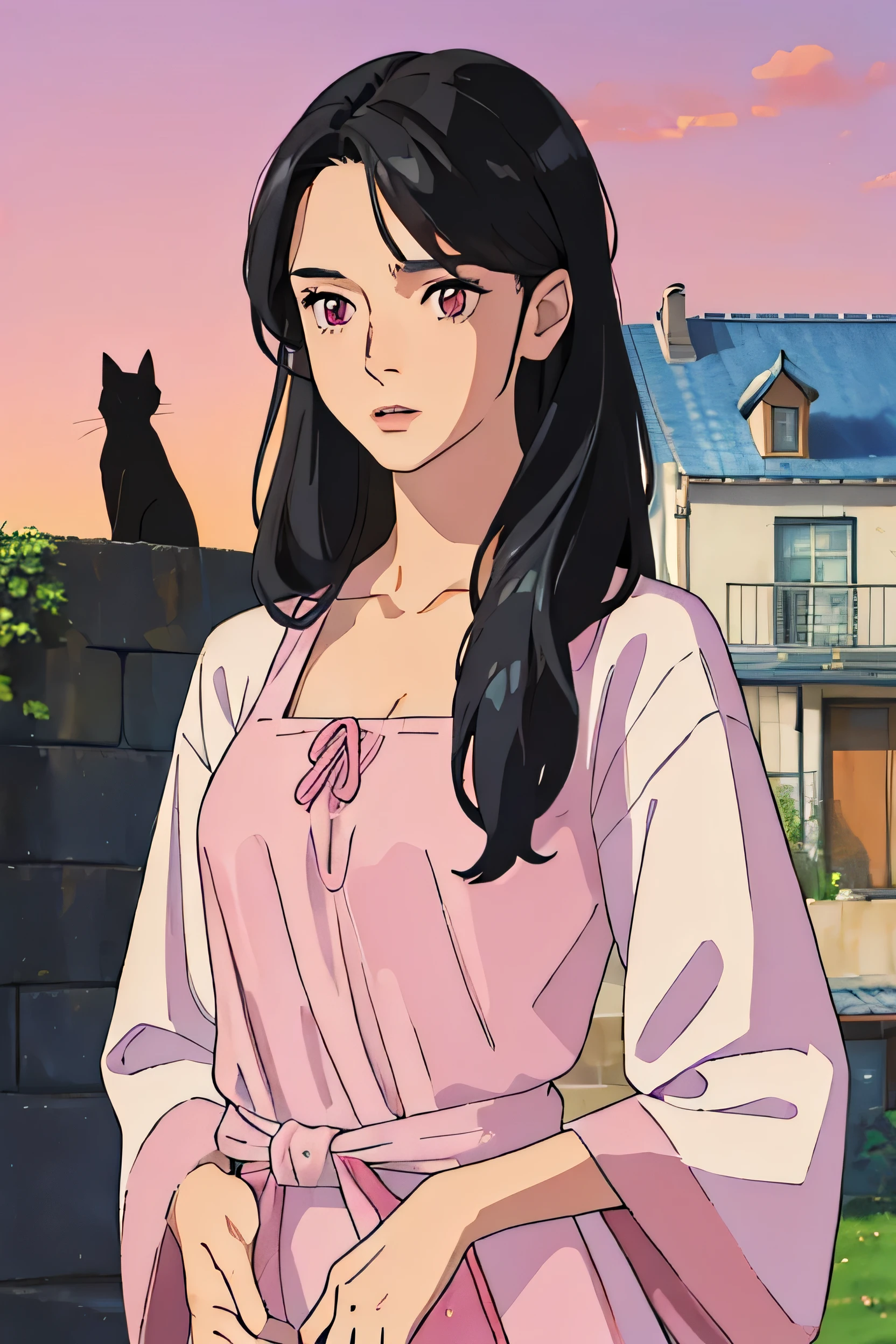 (Masterpiece:1.4), (best quality:1.2), (illustration:1.2), detailed face, 1woman, modern clothes, small breasts, black hair, long tied hair, upper body, cowboy shot, stern face, pink eyes, background of a modern house with cats