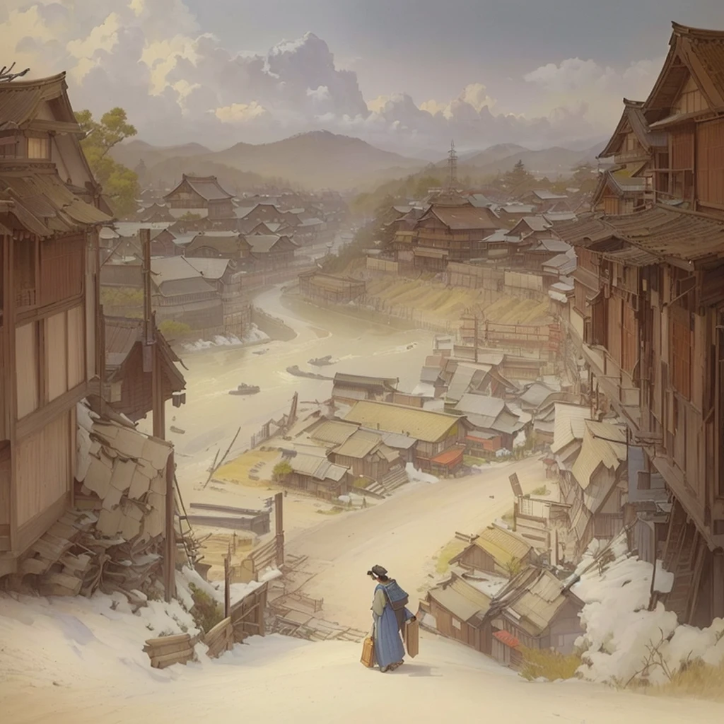 people々や車が描かれた街のLandscape paintingがある, Traditional Japanese concept art, by Kamisaka Sekka, Anime scenery concept art, Beautiful artwork illustration, 日本people街, Japanese Village, Highly detailed scenes, Old Asian Village, Landscape painting, Video game concept art, Studio Ghibli's smooth concept art, Detailed landscape — width 672Blazing flames, fire, crowd, throng, freezing, mother warming her baby.Scenery and Cityscape in the Early Meiji Era After the Meiji Restoration, Japan underwent rapid modernization and civilization. Consequently, many changes and reforms occurred. Below is a detailed explanation of the scenery, appearance of the poor, occupations, and cityscapes in the early Meiji period (1868 to the early 1880s). 2. Appearance of the Poor Life for the impoverished and lower classes remained harsh. In particular, in urban areas, people migrated from rural areas or unemployed artisans gathered, intensifying competition in the labor market. Many of them struggled with poverty, often residing in slums or around temples. 3. Occupations Meiji early Japan witnessed a diversification of occupations. Traditional agriculture and handicrafts were accompanied by the rise of modern industry and commerce. Particularly in urban areas, factory workers, shop clerks, and transporters increased, giving rise to new professions. However, many in these occupations endured harsh working conditions. 4. Influence of Civilization and Enlightenment During the Meiji era, Western cultural influences spread rapidly. Changes in clothing, dietary habits, and the proliferation of Western-style architecture advanced, especially in urban areas. Conversely, this development posed a threat to traditional culture and lifestyles, resulting in societal upheaval and adaptation challenges. 5. Social Change and Policy Influence While promoting modernization policies, the government also addressed poverty and social issues. Legislation for labor protection and charitable activities to aid the poor were implemented. Nevertheless, living conditions for the impoverished scarcely improved. The early Meiji period marked a rapid transformation in Japan, with co
