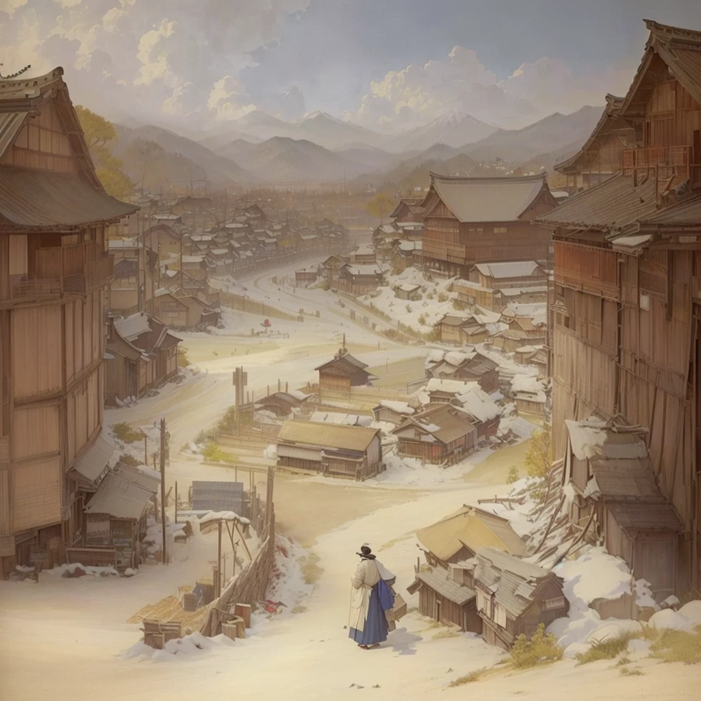 people々や車が描かれた街のLandscape paintingがある, Traditional Japanese concept art, by Kamisaka Sekka, Anime scenery concept art, Beautiful artwork illustration, 日本people街, Japanese Village, Highly detailed scenes, Old Asian Village, Landscape painting, Video game concept art, Studio Ghibli's smooth concept art, Detailed landscape — width 672Blazing flames, fire, crowd, throng, freezing, mother warming her baby.Scenery and Cityscape in the Early Meiji Era After the Meiji Restoration, Japan underwent rapid modernization and civilization. Consequently, many changes and reforms occurred. Below is a detailed explanation of the scenery, appearance of the poor, occupations, and cityscapes in the early Meiji period (1868 to the early 1880s). 2. Appearance of the Poor Life for the impoverished and lower classes remained harsh. In particular, in urban areas, people migrated from rural areas or unemployed artisans gathered, intensifying competition in the labor market. Many of them struggled with poverty, often residing in slums or around temples. 3. Occupations Meiji early Japan witnessed a diversification of occupations. Traditional agriculture and handicrafts were accompanied by the rise of modern industry and commerce. Particularly in urban areas, factory workers, shop clerks, and transporters increased, giving rise to new professions. However, many in these occupations endured harsh working conditions. 4. Influence of Civilization and Enlightenment During the Meiji era, Western cultural influences spread rapidly. Changes in clothing, dietary habits, and the proliferation of Western-style architecture advanced, especially in urban areas. Conversely, this development posed a threat to traditional culture and lifestyles, resulting in societal upheaval and adaptation challenges. 5. Social Change and Policy Influence While promoting modernization policies, the government also addressed poverty and social issues. Legislation for labor protection and charitable activities to aid the poor were implemented. Nevertheless, living conditions for the impoverished scarcely improved. The early Meiji period marked a rapid transformation in Japan, with co