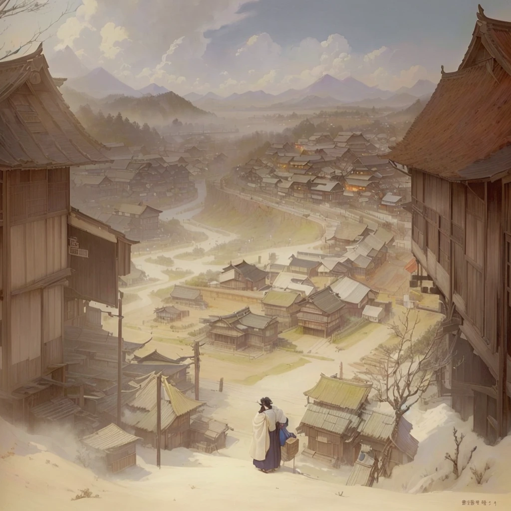 people々や車が描かれた街のLandscape paintingがある, Traditional Japanese concept art, by Kamisaka Sekka, Anime scenery concept art, Beautiful artwork illustration, 日本people街, Japanese Village, Highly detailed scenes, Old Asian Village, Landscape painting, Video game concept art, Studio Ghibli's smooth concept art, Detailed landscape — width 672Blazing flames, fire, crowd, throng, freezing, mother warming her baby.Scenery and Cityscape in the Early Meiji Era After the Meiji Restoration, Japan underwent rapid modernization and civilization. Consequently, many changes and reforms occurred. Below is a detailed explanation of the scenery, appearance of the poor, occupations, and cityscapes in the early Meiji period (1868 to the early 1880s). 2. Appearance of the Poor Life for the impoverished and lower classes remained harsh. In particular, in urban areas, people migrated from rural areas or unemployed artisans gathered, intensifying competition in the labor market. Many of them struggled with poverty, often residing in slums or around temples. 3. Occupations Meiji early Japan witnessed a diversification of occupations. Traditional agriculture and handicrafts were accompanied by the rise of modern industry and commerce. Particularly in urban areas, factory workers, shop clerks, and transporters increased, giving rise to new professions. However, many in these occupations endured harsh working conditions. 4. Influence of Civilization and Enlightenment During the Meiji era, Western cultural influences spread rapidly. Changes in clothing, dietary habits, and the proliferation of Western-style architecture advanced, especially in urban areas. Conversely, this development posed a threat to traditional culture and lifestyles, resulting in societal upheaval and adaptation challenges. 5. Social Change and Policy Influence While promoting modernization policies, the government also addressed poverty and social issues. Legislation for labor protection and charitable activities to aid the poor were implemented. Nevertheless, living conditions for the impoverished scarcely improved. The early Meiji period marked a rapid transformation in Japan, with co