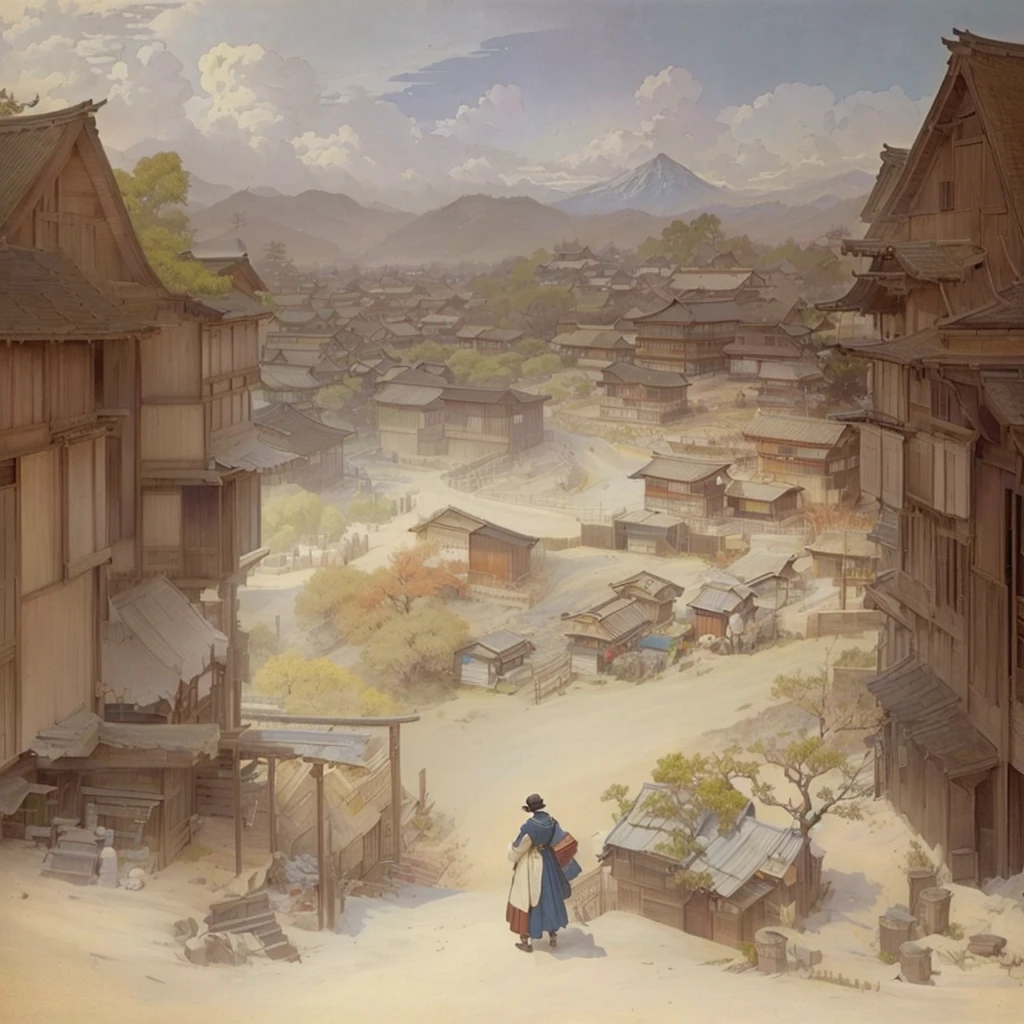 people々や車が描かれた街のLandscape paintingがある, Traditional Japanese concept art, by Kamisaka Sekka, Anime scenery concept art, Beautiful artwork illustration, 日本people街, Japanese Village, Highly detailed scenes, Old Asian Village, Landscape painting, Video game concept art, Studio Ghibli's smooth concept art, Detailed landscape — width 672Blazing flames, fire, crowd, throng, freezing, mother warming her baby.Scenery and Cityscape in the Early Meiji Era After the Meiji Restoration, Japan underwent rapid modernization and civilization. Consequently, many changes and reforms occurred. Below is a detailed explanation of the scenery, appearance of the poor, occupations, and cityscapes in the early Meiji period (1868 to the early 1880s). 2. Appearance of the Poor Life for the impoverished and lower classes remained harsh. In particular, in urban areas, people migrated from rural areas or unemployed artisans gathered, intensifying competition in the labor market. Many of them struggled with poverty, often residing in slums or around temples. 3. Occupations Meiji early Japan witnessed a diversification of occupations. Traditional agriculture and handicrafts were accompanied by the rise of modern industry and commerce. Particularly in urban areas, factory workers, shop clerks, and transporters increased, giving rise to new professions. However, many in these occupations endured harsh working conditions. 4. Influence of Civilization and Enlightenment During the Meiji era, Western cultural influences spread rapidly. Changes in clothing, dietary habits, and the proliferation of Western-style architecture advanced, especially in urban areas. Conversely, this development posed a threat to traditional culture and lifestyles, resulting in societal upheaval and adaptation challenges. 5. Social Change and Policy Influence While promoting modernization policies, the government also addressed poverty and social issues. Legislation for labor protection and charitable activities to aid the poor were implemented. Nevertheless, living conditions for the impoverished scarcely improved. The early Meiji period marked a rapid transformation in Japan, with co