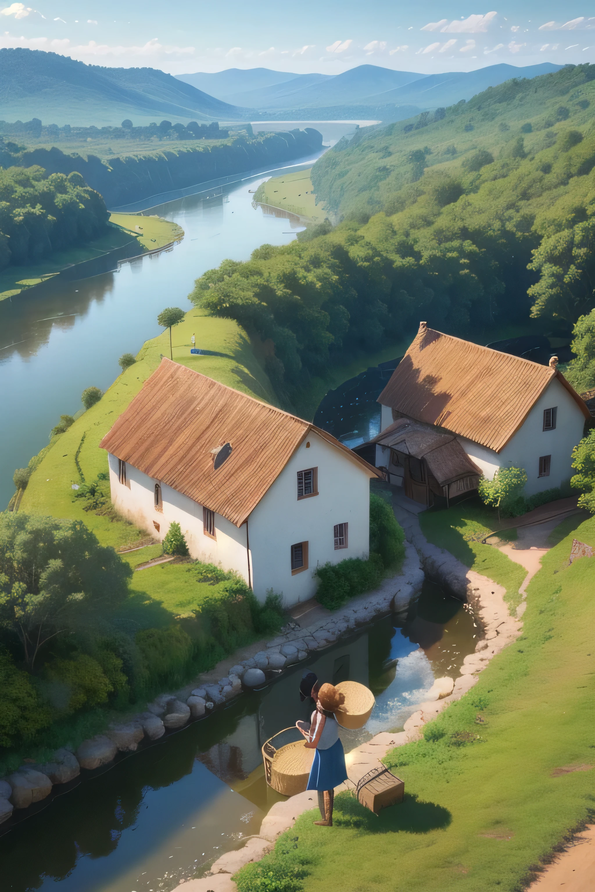 Please make a village girl who is washing clothes on the bank of a very beautiful river in the countryside surrounded by hills with a view of the Savannah in 3d form