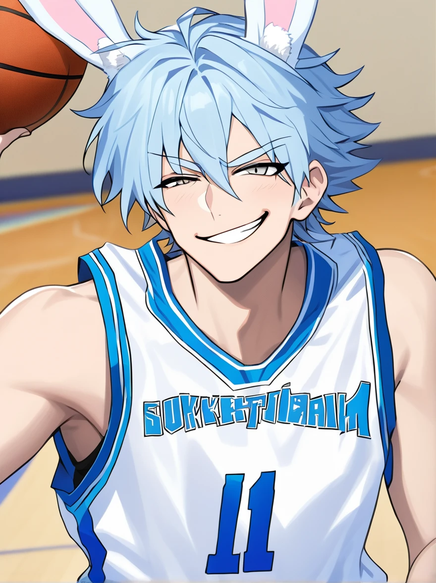 Basketball gym background, male, solo male, light blue hair, light blue bunny ears, basketball uniform, smirking expression, gray eyes
