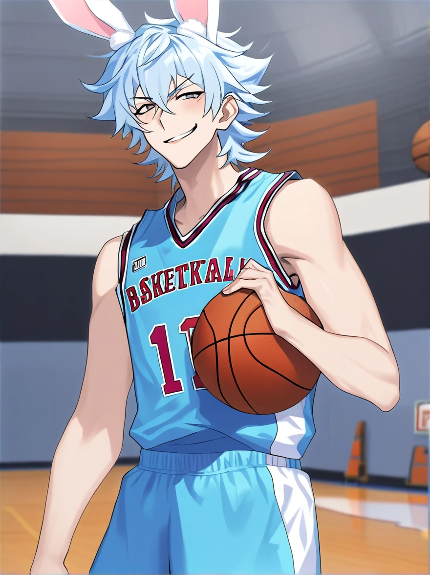 Basketball gym background, male, solo male, light blue hair, light blue bunny ears, basketball uniform, smirking expression, gray eyes