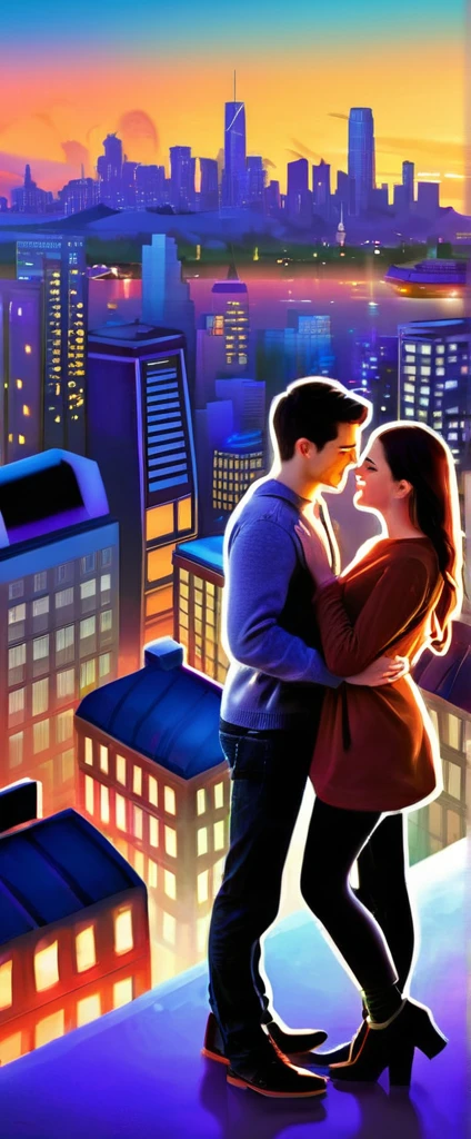 Creating a realistic world-class novel storybook cover tThe cover features an artistic depiction of a young couple in a playful pose, set against a backdrop of a bustling cityscape at dusk.