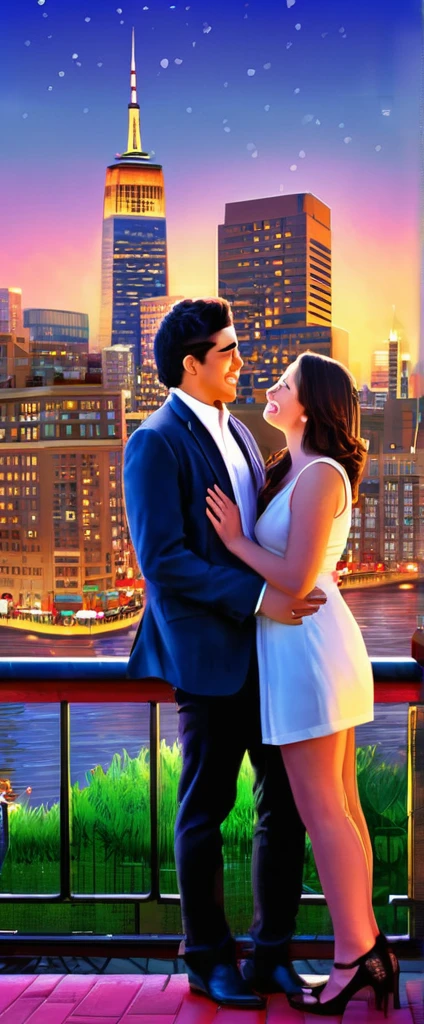 Creating a realistic world-class novel storybook cover tThe cover features an artistic depiction of a young couple in a playful pose, set against a backdrop of a bustling cityscape at dusk.