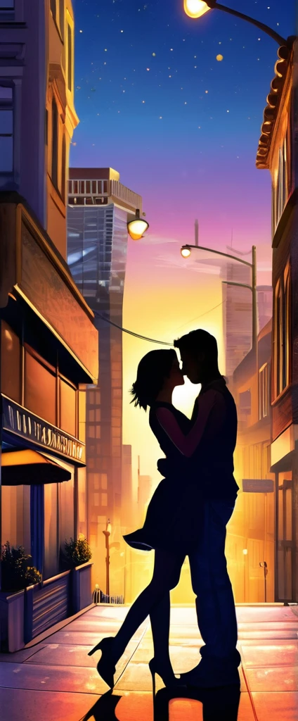 Creating a realistic world-class novel storybook cover tThe cover features an artistic depiction of a young couple in a playful pose, set against a backdrop of a bustling cityscape at dusk.