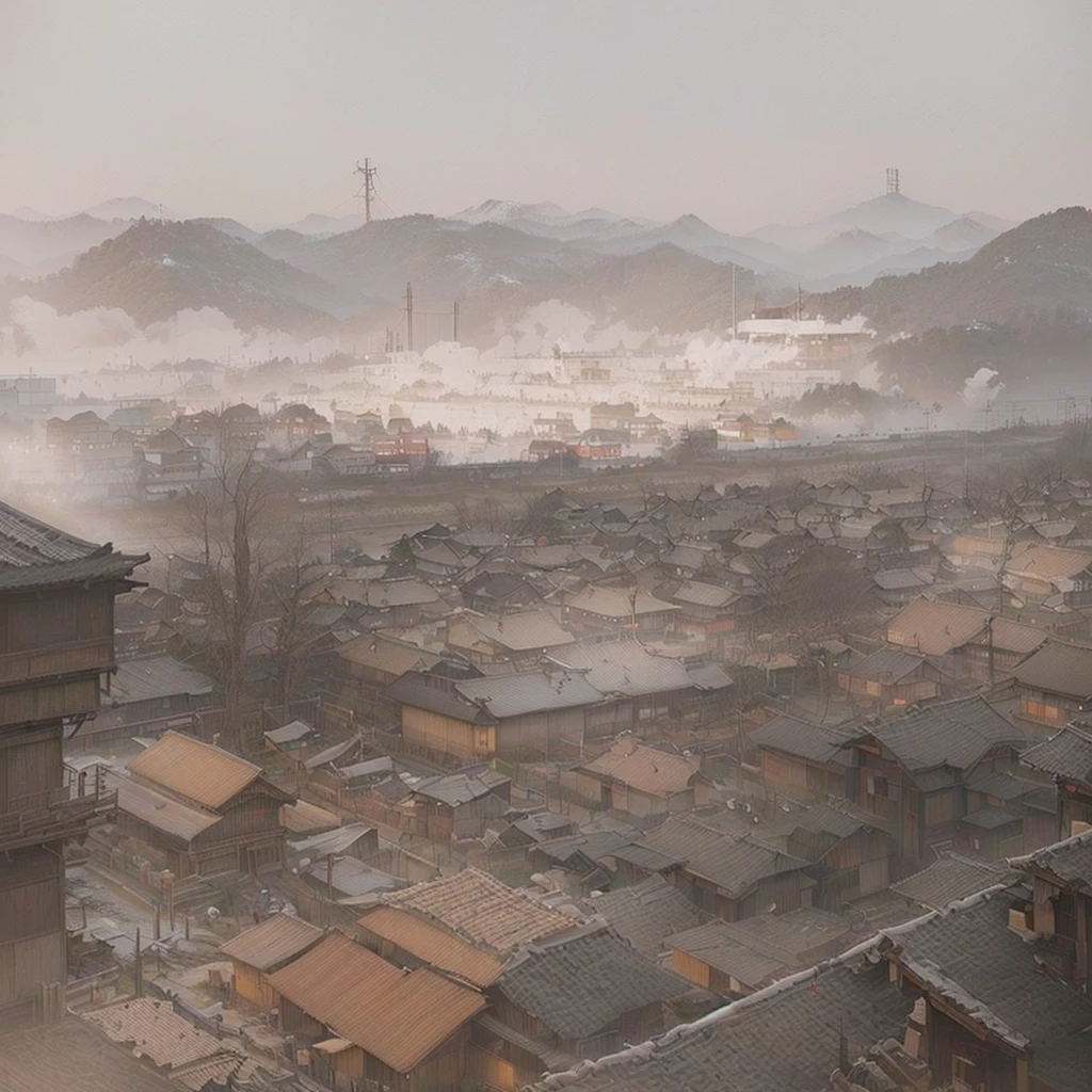 masterpiece, Highest quality, (Highly detailed CG Unity 8k wallpaper), (Highest quality), (Best illustrations), (Best Shadow), Absurd, Realistic lighting, (abyss), Beautiful sparkle, art:PeterMohrBacher,Blazing flames, fire, crowd, throng, freezing, mother warming her baby.Scenery and Cityscape in the Early Meiji Era After the Meiji Restoration, Japan underwent rapid modernization and civilization. Consequently, many changes and reforms occurred. Below is a detailed explanation of the scenery, appearance of the poor, occupations, and cityscapes in the early Meiji period (1868 to the early 1880s). 2. Appearance of the Poor Life for the impoverished and lower classes remained harsh. In particular, in urban areas, people migrated from rural areas or unemployed artisans gathered, intensifying competition in the labor market. Many of them struggled with poverty, often residing in slums or around temples. 3. Occupations Meiji early Japan witnessed a diversification of occupations. Traditional agriculture and handicrafts were accompanied by the rise of modern industry and commerce. Particularly in urban areas, factory workers, shop clerks, and transporters increased, giving rise to new professions. However, many in these occupations endured harsh working conditions. 4. Influence of Civilization and Enlightenment During the Meiji era, Western cultural influences spread rapidly. Changes in clothing, dietary habits, and the proliferation of Western-style architecture advanced, especially in urban areas. Conversely, this development posed a threat to traditional culture and lifestyles, resulting in societal upheaval and adaptation challenges. 5. Social Change and Policy Influence While promoting modernization policies, the government also addressed poverty and social issues. Legislation for labor protection and charitable activities to aid the poor were implemented. Nevertheless, living conditions for the impoverished scarcely improved. The early Meiji period marked a rapid transformation in Japan, with complex social landscapes involving challenges face.