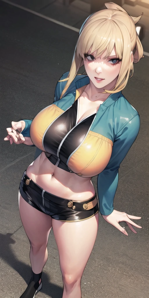 full body, (masterpiece), (best quality), ultra high res, ultra detailed, detailed eyes, intricate, 1girl, blond hair, looking at viewer, bbyorf, large breasts, cleavage, collarbone, denim, denim shorts, jacket, long sleeves, ((open clothes)), open jacket, partially unzipped, blue jacket, shirt, short shorts, shorts, tank top, track jacket, unzipped, ((large breasts, big hips, tight clothes, cleavage, looking at the viewer)), (abs:0.8), BLUSHED, UNDERBOOB (realistic:1.2), (realism), (masterpiece:1.2), (best quality), (ultra detailed), (8k, 4k, intricate),(85mm),light particles, lighting, (highly detailed:1.2),(detailed face:1.2), (gradients), colorful,(detailed eyes:1.2),(detailed background),detailed landscape, (dynamic angle:1.2), (rule of third_composition:1.3), (Line of action:1.2)