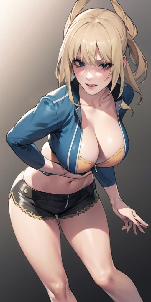 full body, (masterpiece), (best quality), ultra high res, ultra detailed, detailed eyes, intricate, 1girl, blond hair, looking at viewer, bbyorf, large breasts, cleavage, collarbone, denim, denim shorts, jacket, long sleeves, ((open clothes)), open jacket, partially unzipped, blue jacket, shirt, short shorts, shorts, tank top, track jacket, unzipped, ((large breasts, big hips, tight clothes, cleavage, looking at the viewer)), (abs:0.8), BLUSHED, UNDERBOOB (realistic:1.2), (realism), (masterpiece:1.2), (best quality), (ultra detailed), (8k, 4k, intricate),(85mm),light particles, lighting, (highly detailed:1.2),(detailed face:1.2), (gradients), colorful,(detailed eyes:1.2),(detailed background),detailed landscape, (dynamic angle:1.2), (rule of third_composition:1.3), (Line of action:1.2)