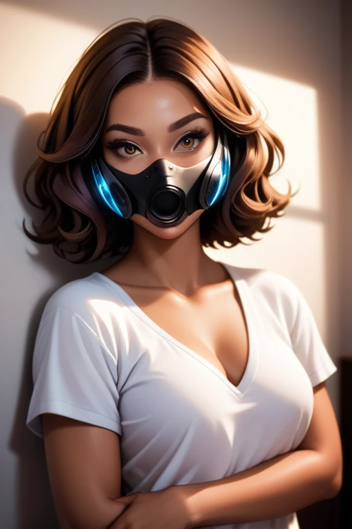 Tall hispanic woman with expressive hazel eyes and long wavy dark brown hair; warm olive skin; hourglass build; ("heart-shaped-face" with full lips); ample bosom; wearing casual clothes; best quality; trending on artstation; dark room with complex volumetric lighting; strong shadows; artistic lighting; dynamic; energetic vibe; realistic skin; specular highlights; micro-textures; highly detailed hair; wearing a VR Mask Headset and laying on bed.