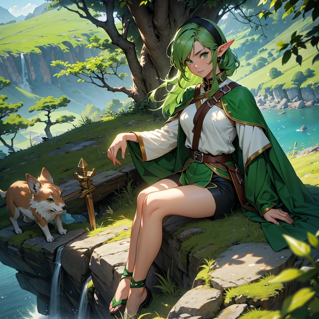 make a 31 year old elf girl with green hair and green eyes wearing a green archer outfit with shorts sitting on the peak of a mountain in front of the sea with several trees and animals beside her 