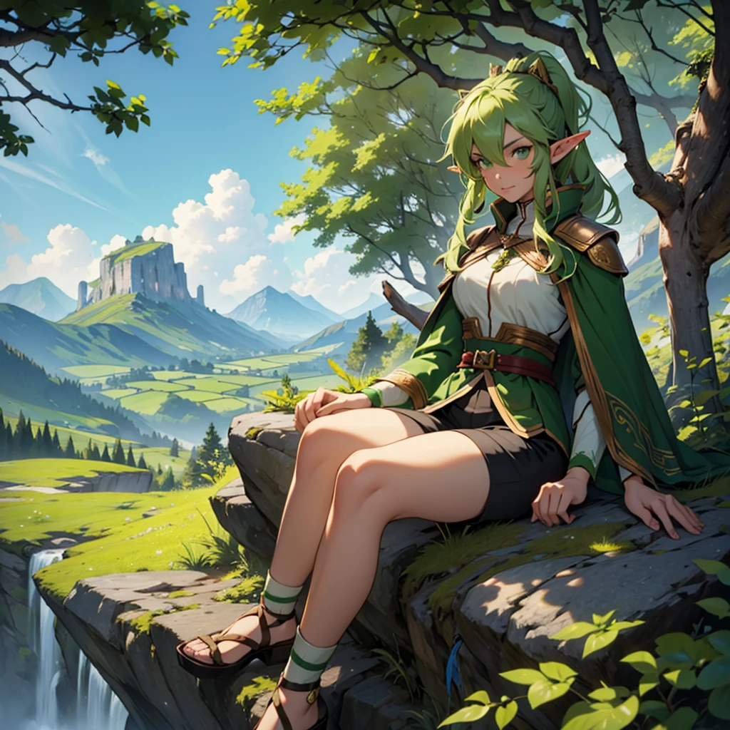 make a 31 year old elf girl with green hair and green eyes wearing a green archer outfit with shorts sitting on the peak of a mountain in front of the sea with several trees and animals beside her