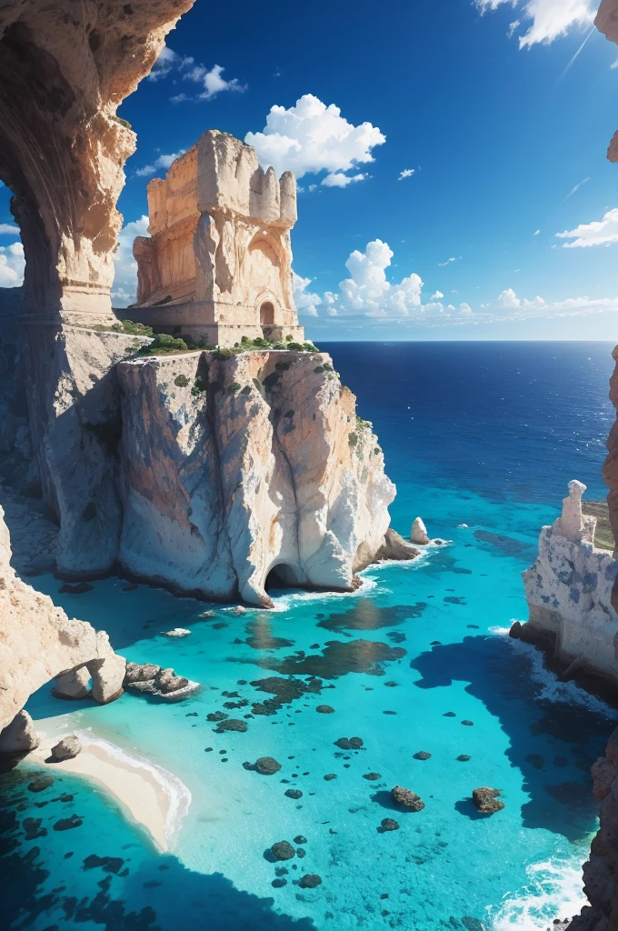 arafed view of a rocky cliff and clear blue water, by Alexis Grimou, turquoise water, by Tom Wänerstrand, view from the sea, island with cave, puddles of turquoise water, blue waters, turquoise ocean, red sea, incredibly beautiful, azure blue water, clear blue water, by Constantine Andreou, white stone arches, cyprus