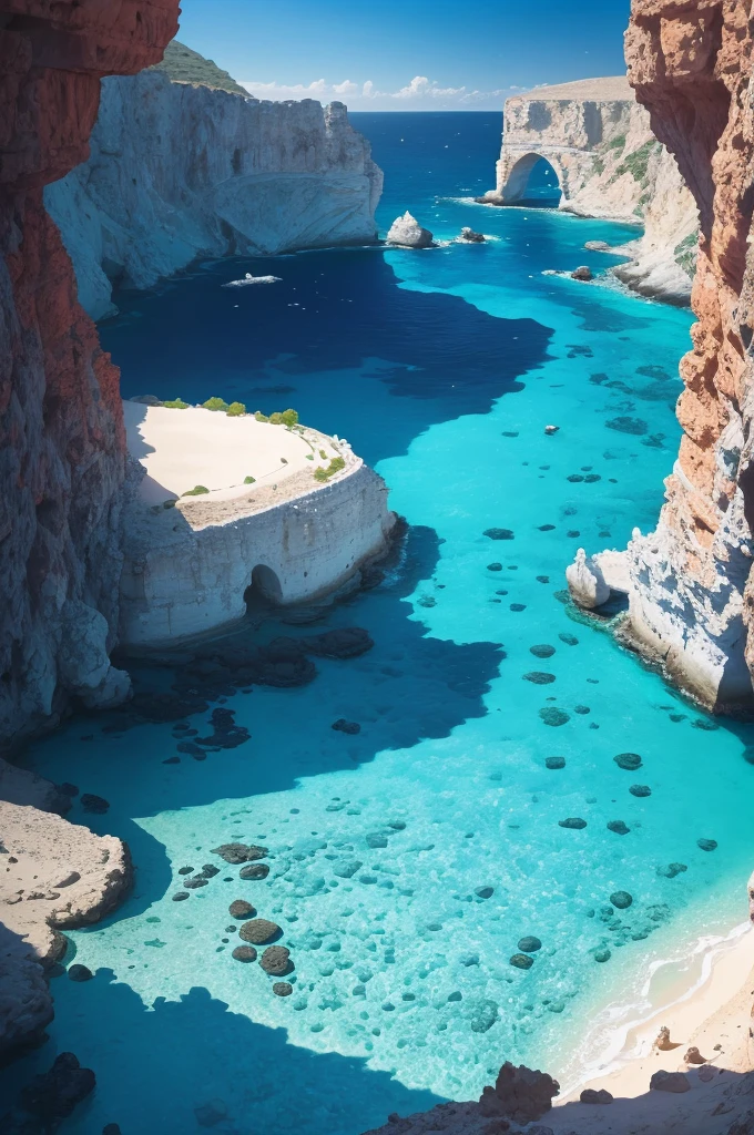 arafed view of a rocky cliff and clear blue water, by Alexis Grimou, turquoise water, by Tom Wänerstrand, view from the sea, island with cave, puddles of turquoise water, blue waters, turquoise ocean, red sea, incredibly beautiful, azure blue water, clear blue water, by Constantine Andreou, white stone arches, cyprus