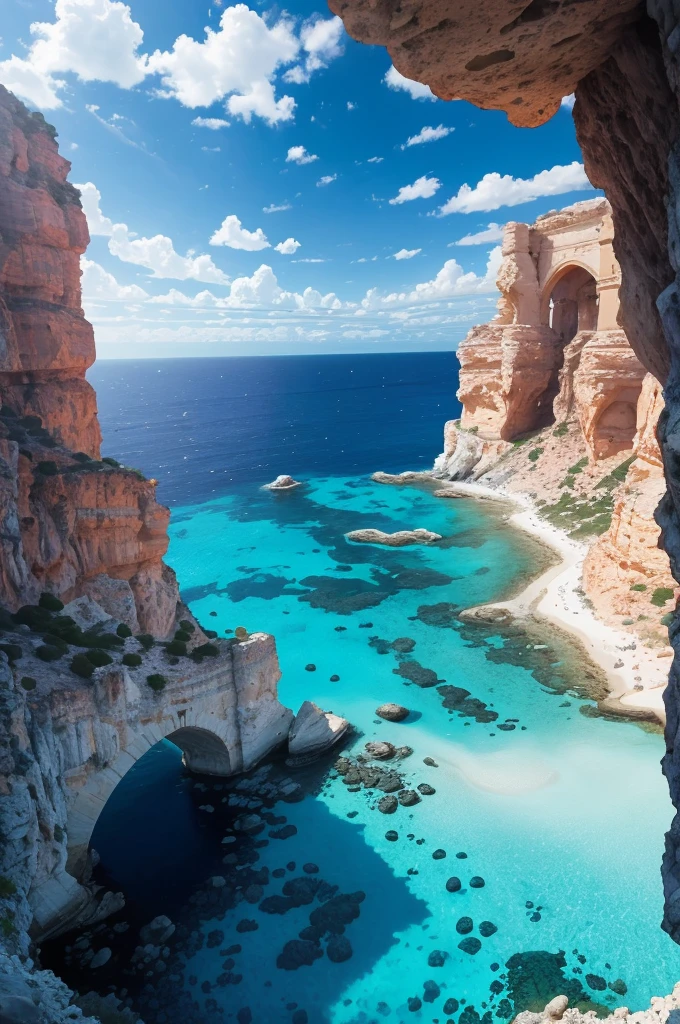 arafed view of a rocky cliff and clear blue water, by Alexis Grimou, turquoise water, by Tom Wänerstrand, view from the sea, island with cave, puddles of turquoise water, blue waters, turquoise ocean, red sea, incredibly beautiful, azure blue water, clear blue water, by Constantine Andreou, white stone arches, cyprus