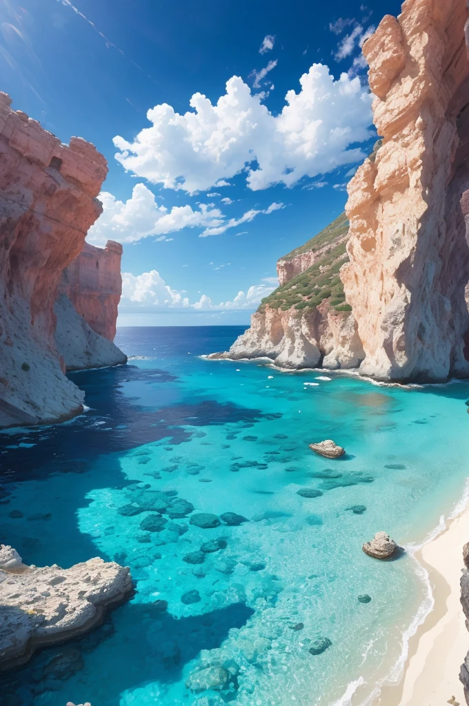 arafed view of a rocky cliff and clear blue water, by Alexis Grimou, turquoise water, by Tom Wänerstrand, view from the sea, island with cave, puddles of turquoise water, blue waters, turquoise ocean, red sea, incredibly beautiful, azure blue water, clear blue water, by Constantine Andreou, white stone arches, cyprus