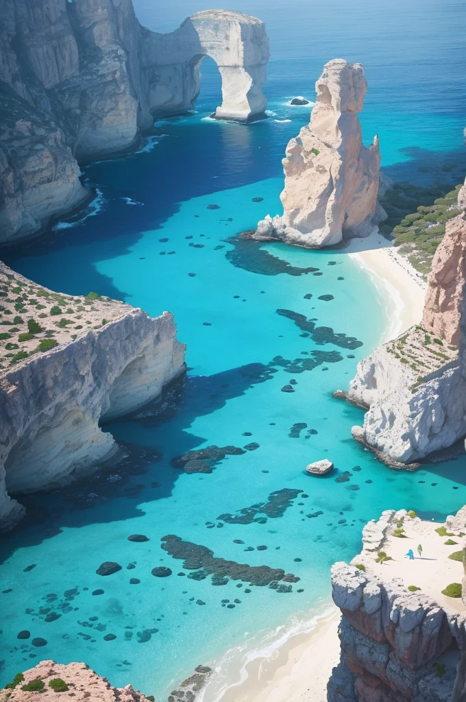 arafed view of a rocky cliff and clear blue water, by Alexis Grimou, turquoise water, by Tom Wänerstrand, view from the sea, island with cave, puddles of turquoise water, blue waters, turquoise ocean, red sea, incredibly beautiful, azure blue water, clear blue water, by Constantine Andreou, white stone arches, cyprus