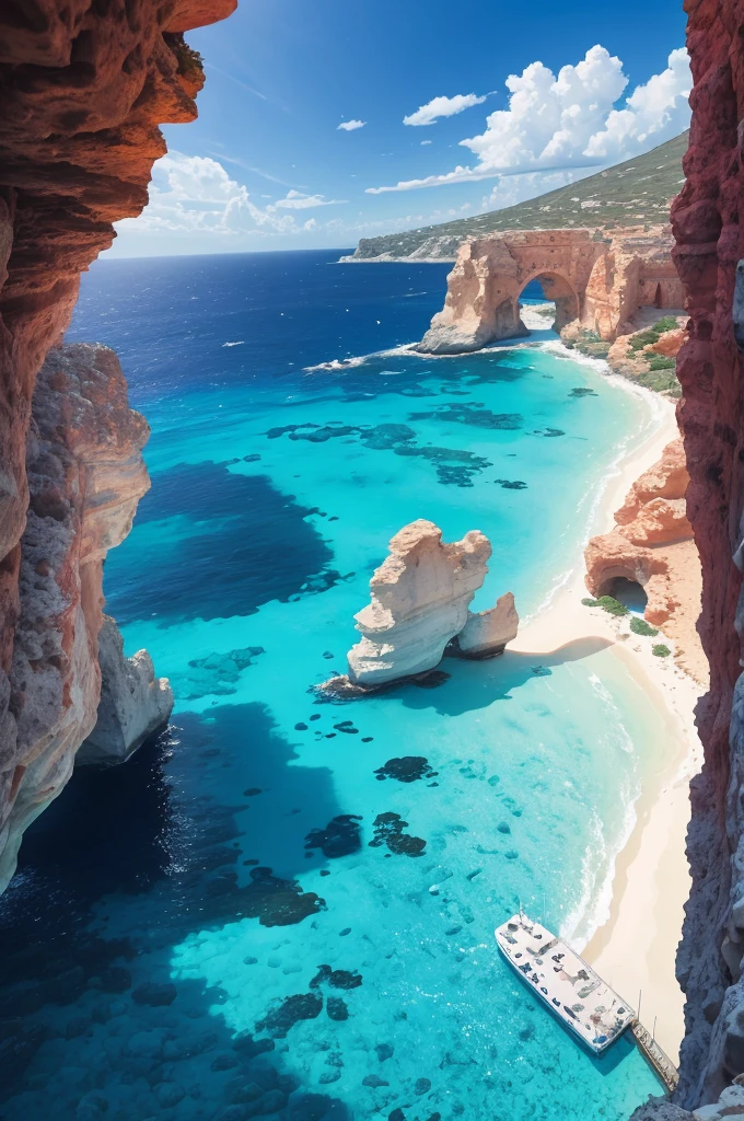 arafed view of a rocky cliff and clear blue water, by Alexis Grimou, turquoise water, by Tom Wänerstrand, view from the sea, island with cave, puddles of turquoise water, blue waters, turquoise ocean, red sea, incredibly beautiful, azure blue water, clear blue water, by Constantine Andreou, white stone arches, cyprus