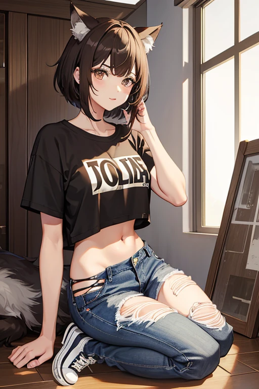 wolf cut hairstyle, brown eyes, loose fitting shirt, female, converse, fullbody, ripped jeans, nsfw