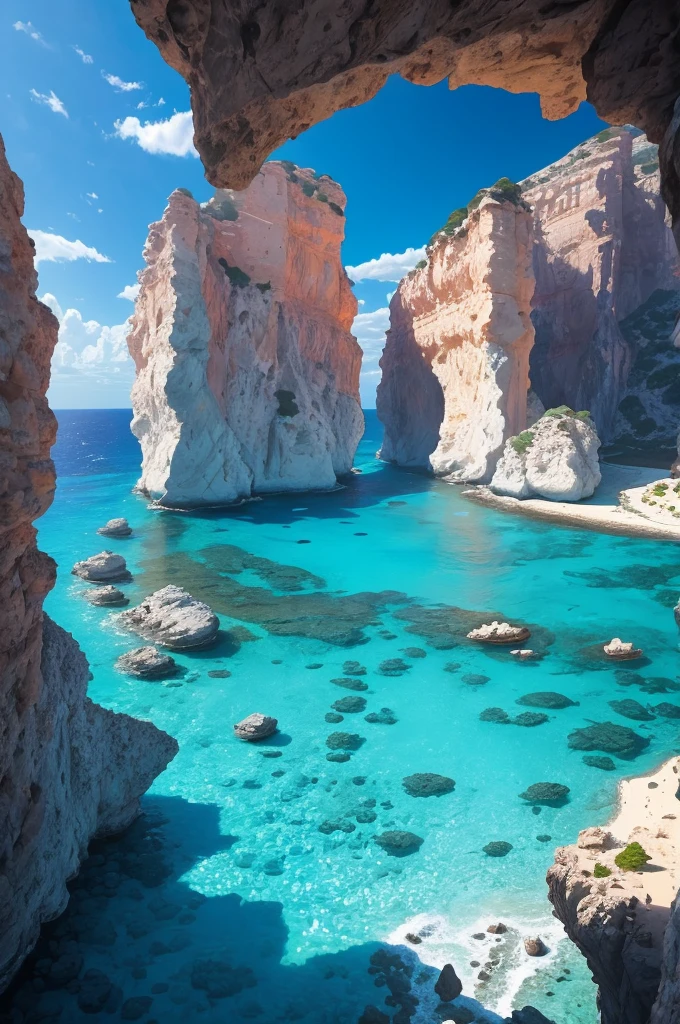 arafed view of a rocky cliff and clear blue water, by Alexis Grimou, turquoise water, by Tom Wänerstrand, view from the sea, island with cave, puddles of turquoise water, blue waters, turquoise ocean, red sea, incredibly beautiful, azure blue water, clear blue water, by Constantine Andreou, white stone arches, cyprus