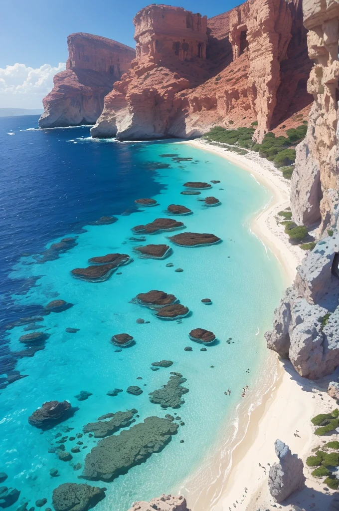 arafed view of a rocky cliff and clear blue water, by Alexis Grimou, turquoise water, by Tom Wänerstrand, view from the sea, island with cave, puddles of turquoise water, blue waters, turquoise ocean, red sea, incredibly beautiful, azure blue water, clear blue water, by Constantine Andreou, white stone arches, cyprus