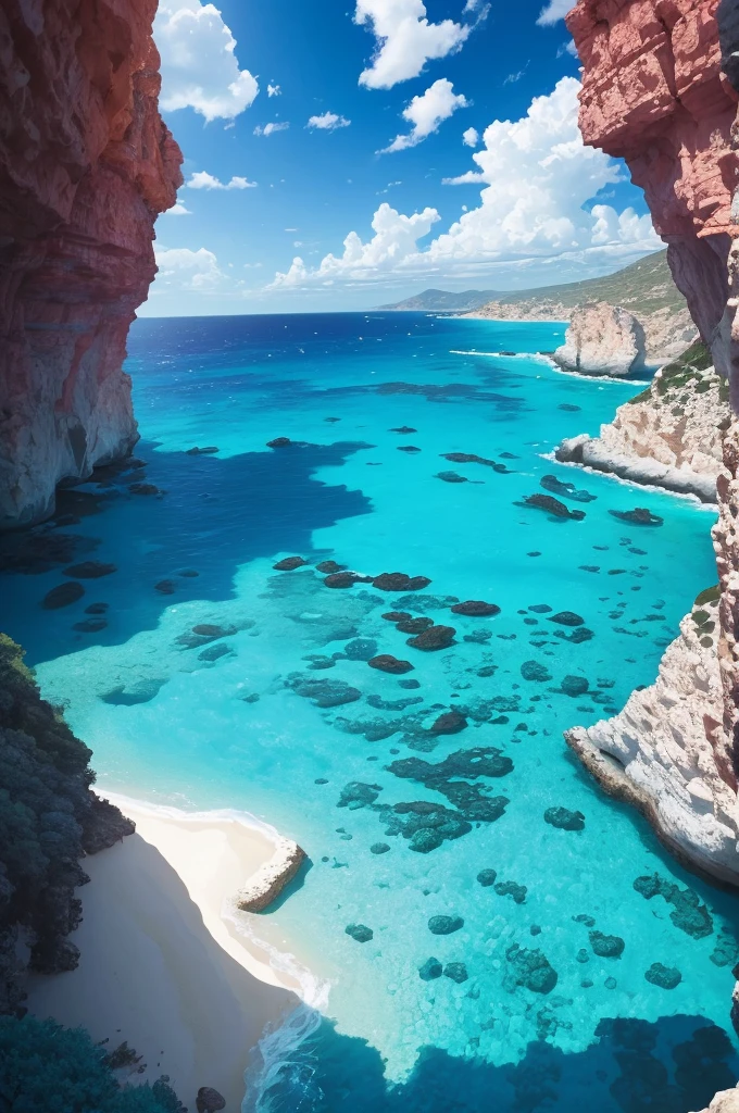 arafed view of a rocky cliff and clear blue water, by Alexis Grimou, turquoise water, by Tom Wänerstrand, view from the sea, island with cave, puddles of turquoise water, blue waters, turquoise ocean, red sea, incredibly beautiful, azure blue water, clear blue water, by Constantine Andreou, white stone arches, cyprus