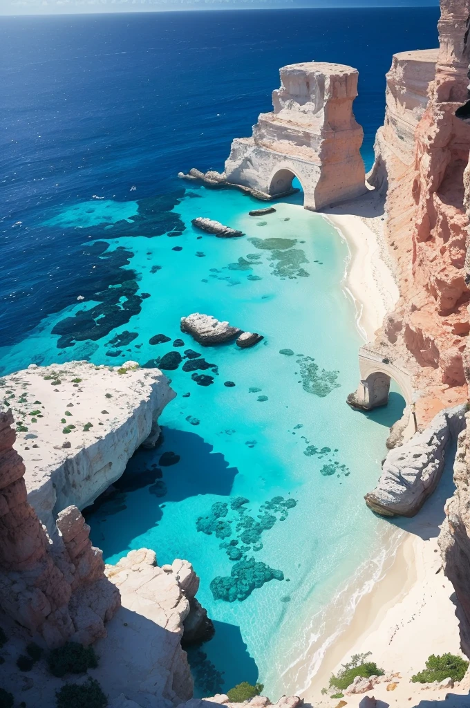 arafed view of a rocky cliff and clear blue water, by Alexis Grimou, turquoise water, by Tom Wänerstrand, view from the sea, island with cave, puddles of turquoise water, blue waters, turquoise ocean, red sea, incredibly beautiful, azure blue water, clear blue water, by Constantine Andreou, white stone arches, cyprus