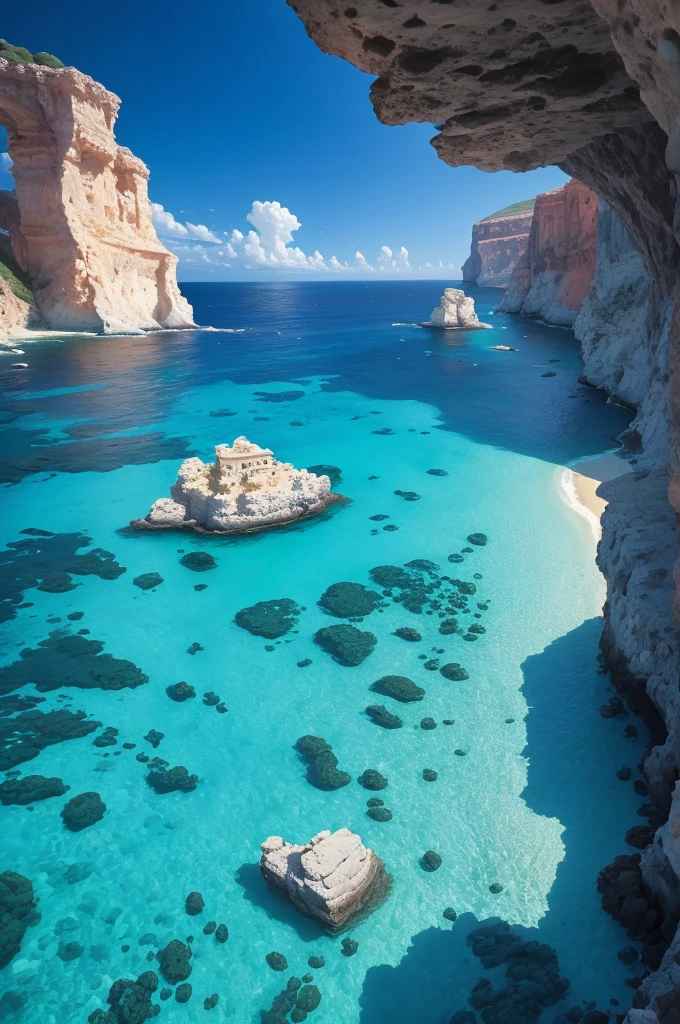 arafed view of a rocky cliff and clear blue water, a picture by Alexis Grimou, unsplash, les nabis, turquoise water, view from the sea, island with cave, puddles of turquoise water, blue waters, turquoise ocean, red sea, incredibly beautiful, azure blue water, clear blue water, white stone arches, cyprus