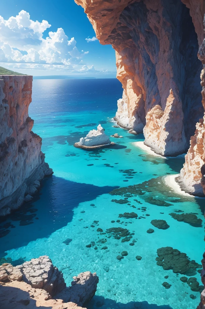 arafed view of a rocky cliff and clear blue water, a picture by Alexis Grimou, unsplash, les nabis, turquoise water, view from the sea, island with cave, puddles of turquoise water, blue waters, turquoise ocean, red sea, incredibly beautiful, azure blue water, clear blue water, white stone arches, cyprus