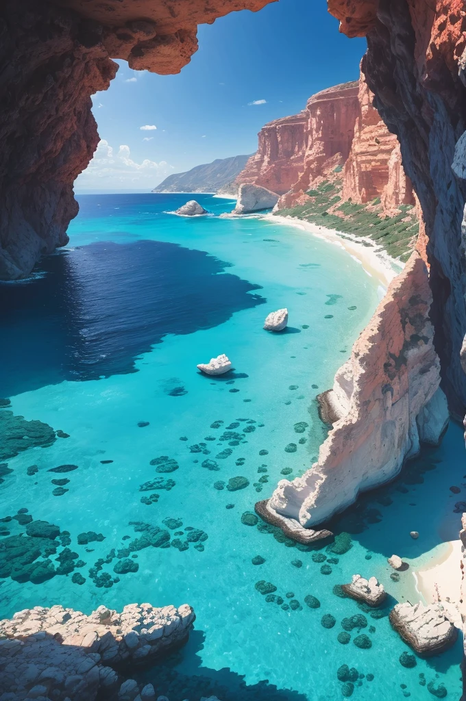 arafed view of a rocky cliff and clear blue water, a picture by Alexis Grimou, unsplash, les nabis, turquoise water, view from the sea, island with cave, puddles of turquoise water, blue waters, turquoise ocean, red sea, incredibly beautiful, azure blue water, clear blue water, white stone arches, cyprus
