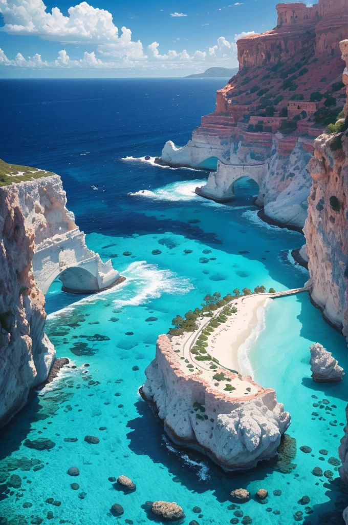 arafed view of a rocky cliff and clear blue water, by Alexis Grimou, turquoise water, by Tom Wänerstrand, view from the sea, island with cave, puddles of turquoise water, blue waters, turquoise ocean, red sea, incredibly beautiful, azure blue water, clear blue water, by Constantine Andreou, white stone arches, cyprus