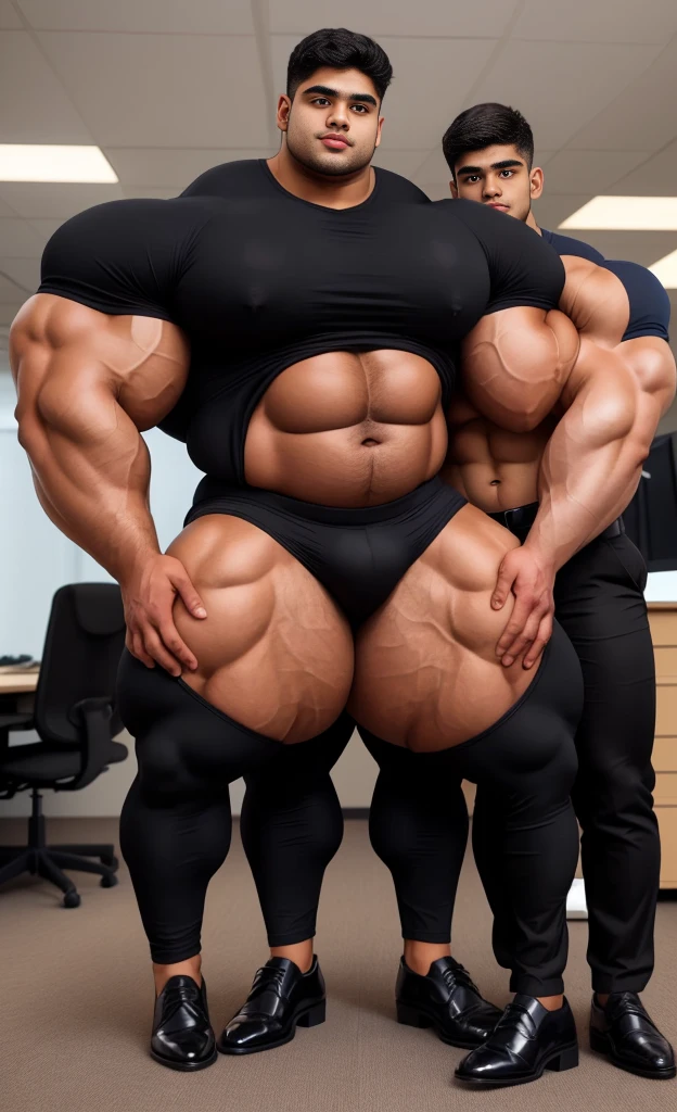 4 meter tall slightly overweight indian men. 20 years old. Young fresh face. In london with friend holding touching. Height difference of 2 heads. difference and Size difference. Very sexy Posing for camera. Muscular. Wearing office a tight black suit pants, and shirt. Slight belly fat. Big ass. Very long legs.