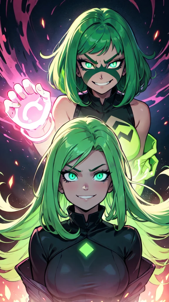 anime girl with green eyes and green hair, with glowing eyes, green glowing eyes, evil smile and glowing eyes, [[[[grinning evily]]]], glowing green eyes, glowing green, glowing eyes, neon and dark, very glowing eyes, green glows, glowing eyes everywhere, glowing hair, grinning lasciviously, large glowing eyes