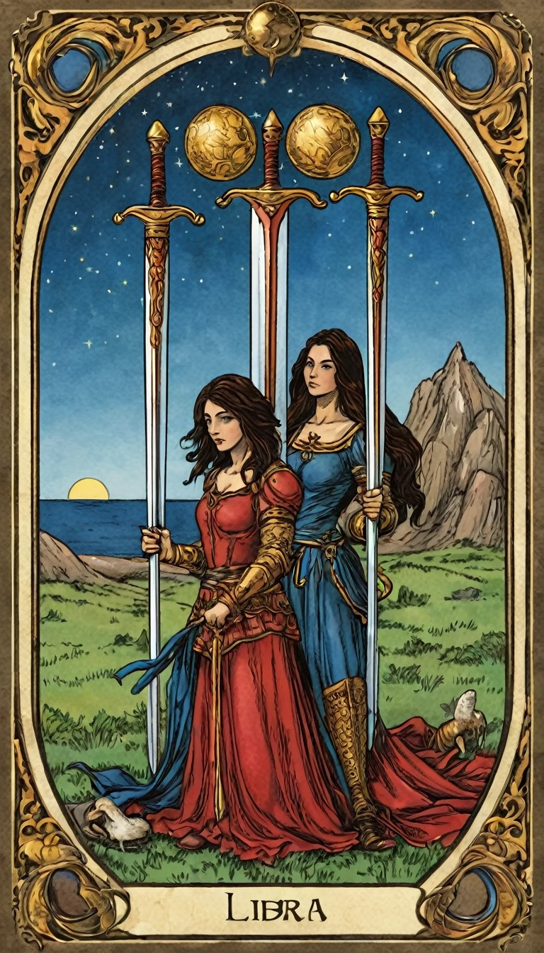 Three of swords, tarot card, tartarian style, very realistic,Three of Swords Tarot Card Meaning:
Represents a difficult emotional time characterized by sorrow, grief, and heartbreak.
Encourages acknowledging and processing emotional pain.
Associated with the zodiac sign Libra (ruled by Venus).
Element: Air.
Planet: Saturn12.
In Love Readings:
For relationships: Indicates major emotional challenges that can’t be ignored.
Encourages open communication with your partner.
For singles: May signify lingering heartbreak, requiring healing and self-care.

