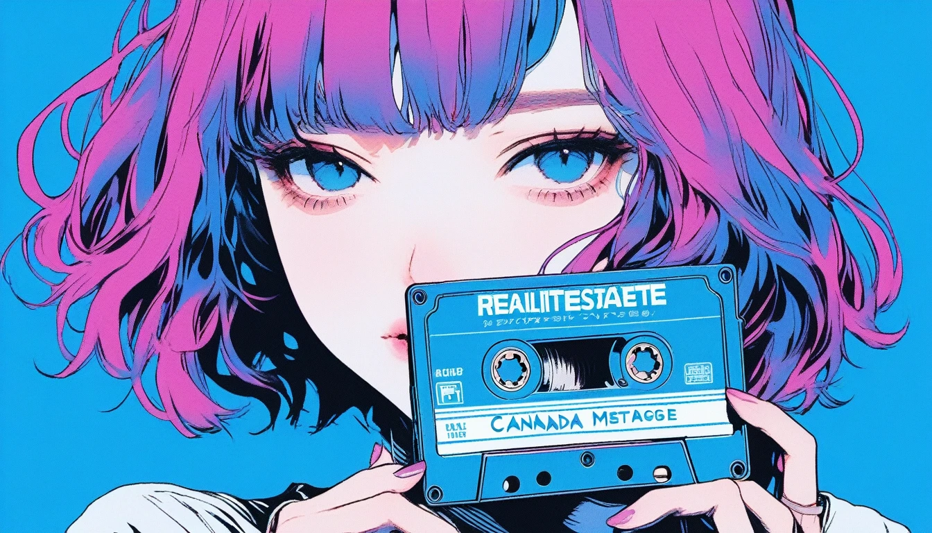 Illustrator, anime , Realistic ,sketch , 1 Girl, ,lip, tshirt,order, Blue gradient background, summer、Neon Hair,Textured Trim, Canadian, (masterpiece,Highest quality) Cancer、The cassette tape placed at the front、Realisticなカセットテープの大きさ、Cassette tape facing forward
