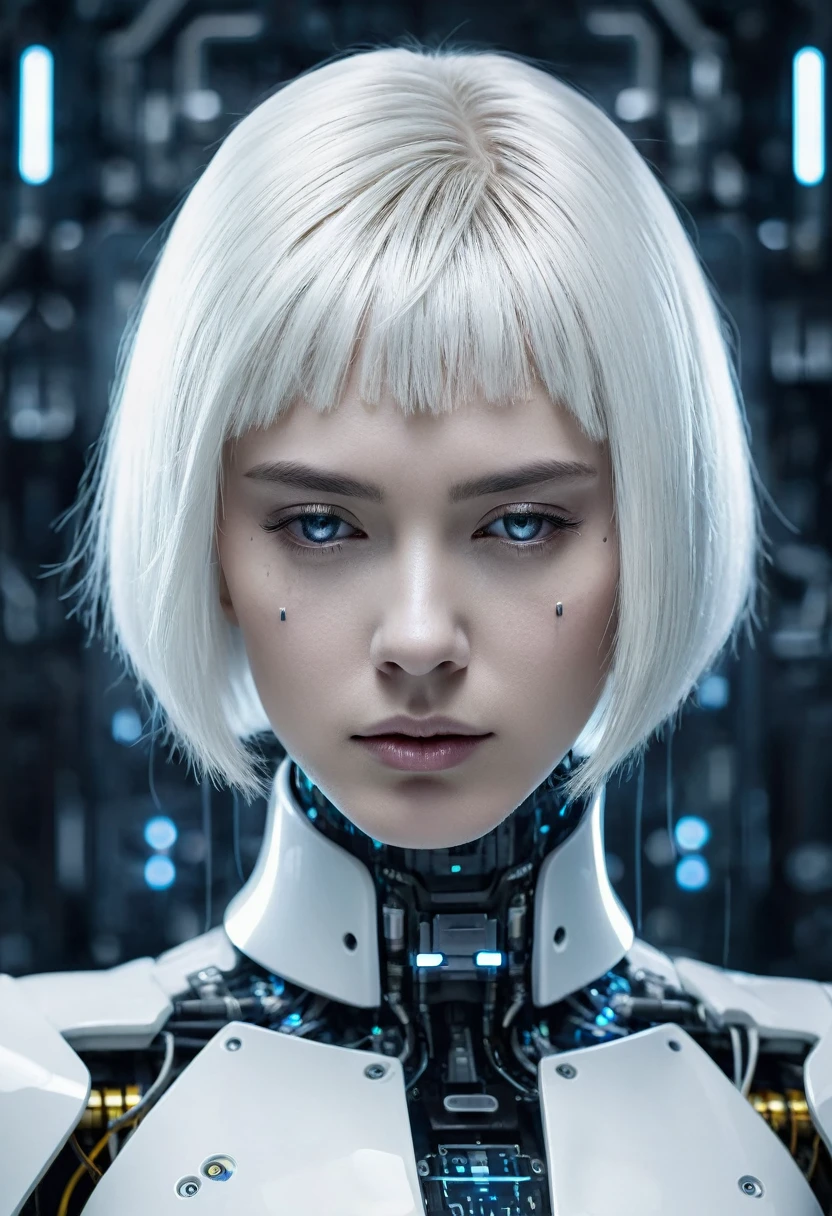 A futuristic female android with a white bob haircut, looking melancholic. Her face is a blend of human and machine, with visible mechanical components and synthetic skin. She has tears running down her face, emphasizing a sense of sorrow or emotional depth. Her neck and shoulders are intricately designed with exposed circuits and machinery, showcasing advanced technology. The background is minimalist with faint lines and circuit patterns, highlighting the sci-fi theme."