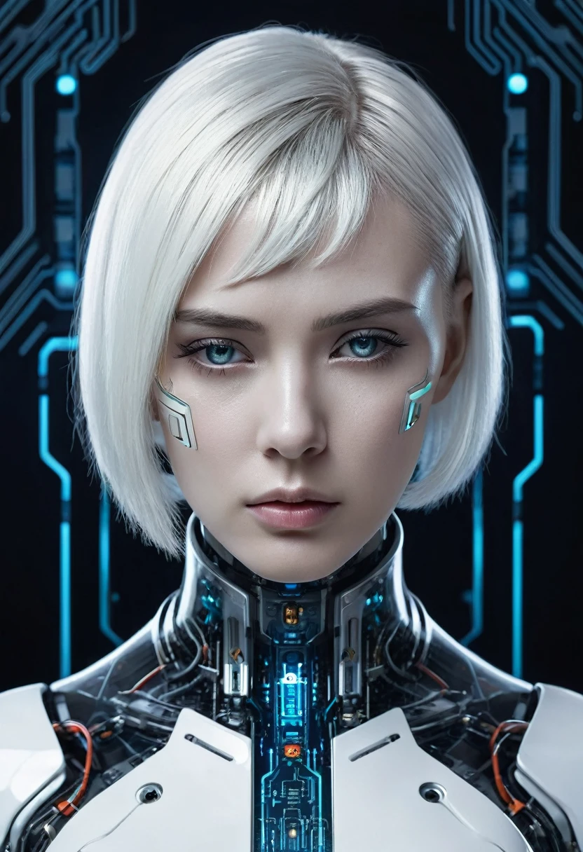 A futuristic female android with a white bob haircut, looking melancholic. Her face is a blend of human and machine, with visible mechanical components and synthetic skin. She has tears running down her face, emphasizing a sense of sorrow or emotional depth. Her neck and shoulders are intricately designed with exposed circuits and machinery, showcasing advanced technology. The background is minimalist with faint lines and circuit patterns, highlighting the sci-fi theme."