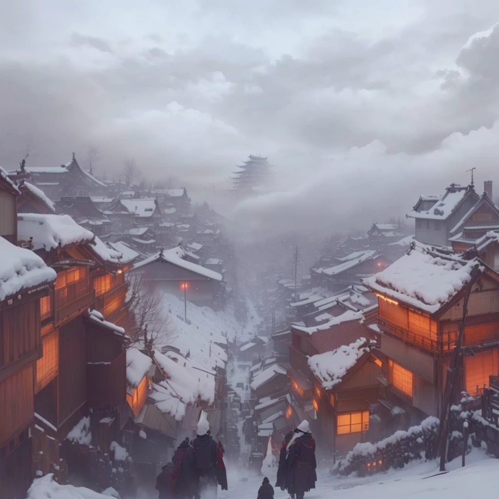 Painting of a man standing on a snowy hill with a city in the background, Inspired by Andreas Rocha, Japanese Street, sekiro mountain, traditional japanese Concept Art, Dreamy city in China, Concept Art stunning atmosphere, Concept Art , Highly rendered, anime scenery Concept Art, winter Concept Art, digital painting Concept Art, beautiful Concept Art, Blazing flames inspired by Hanbei Yoshida, fire, crowd, throng, freezing, mother warming her baby.Scenery and Cityscape in the Early Meiji Era After the Meiji Restoration, Japan underwent rapid modernization and civilization. Consequently, many changes and reforms occurred. Below is a detailed explanation of the scenery, appearance of the poor, occupations, and cityscapes in the early Meiji period (1868 to the early 1880s). 2. Appearance of the Poor Life for the impoverished and lower classes remained harsh. In particular, in urban areas, people migrated from rural areas or unemployed artisans gathered, intensifying competition in the labor market. Many of them struggled with poverty, often residing in slums or around temples. 3. Occupations Meiji early Japan witnessed a diversification of occupations. Traditional agriculture and handicrafts were accompanied by the rise of modern industry and commerce. Particularly in urban areas, factory workers, shop clerks, and transporters increased, giving rise to new professions. However, many in these occupations endured harsh working conditions. 4. Influence of Civilization and Enlightenment During the Meiji era, Western cultural influences spread rapidly. Changes in clothing, dietary habits, and the proliferation of Western-style architecture advanced, especially in urban areas. Conversely, this development posed a threat to traditional culture and lifestyles, resulting in societal upheaval and adaptation challenges. 5. Social Change and Policy Influence While promoting modernization policies, the government also addressed poverty and social issues. Legislation for labor protection and charitable activities to aid the poor were implemented. Nevertheless, living conditions for the impoverished scar