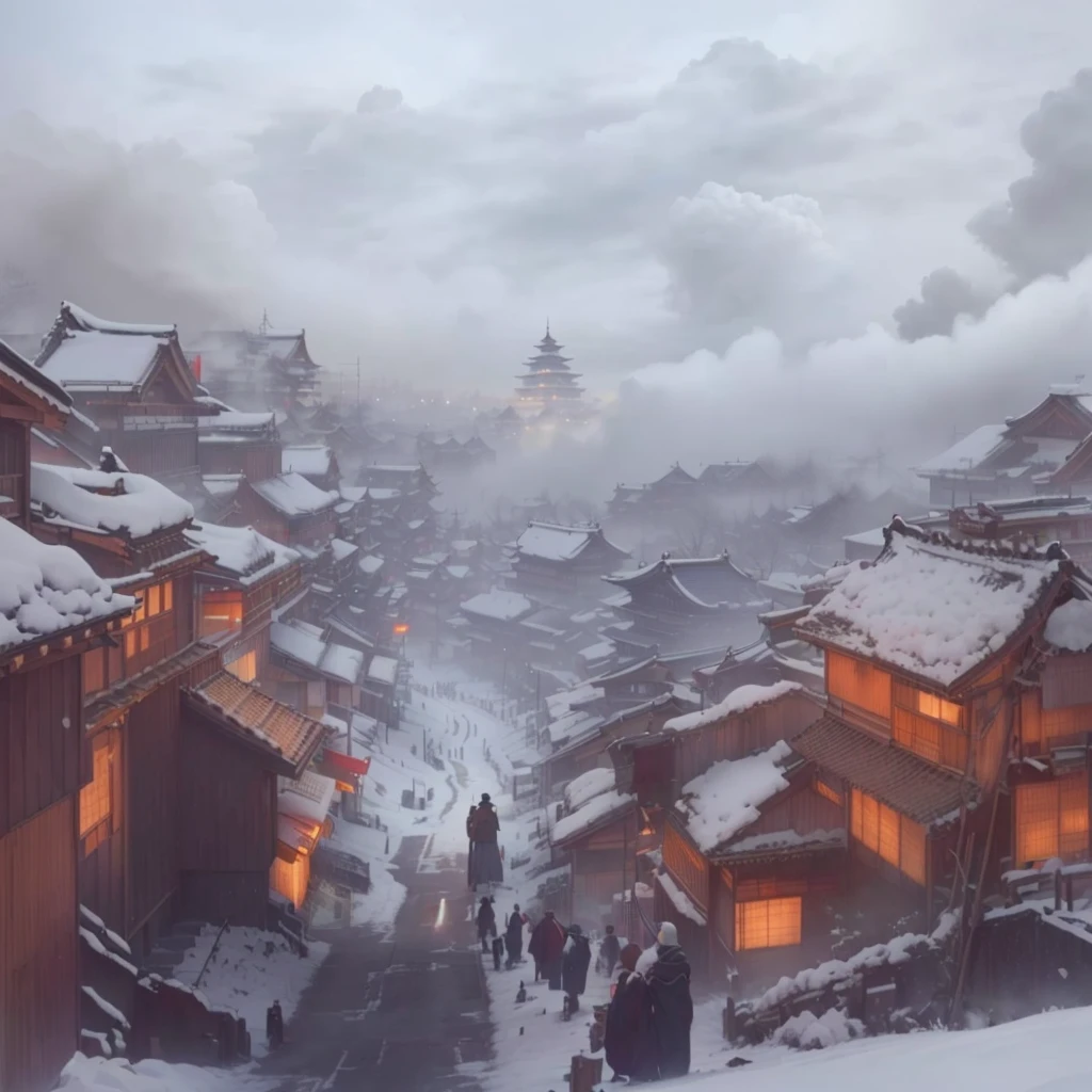 Painting of a man standing on a snowy hill with a city in the background, Inspired by Andreas Rocha, Japanese Street, sekiro mountain, traditional japanese Concept Art, Dreamy city in China, Concept Art stunning atmosphere, Concept Art , Highly rendered, anime scenery Concept Art, winter Concept Art, digital painting Concept Art, beautiful Concept Art, Blazing flames inspired by Hanbei Yoshida, fire, crowd, throng, freezing, mother warming her baby.Scenery and Cityscape in the Early Meiji Era After the Meiji Restoration, Japan underwent rapid modernization and civilization. Consequently, many changes and reforms occurred. Below is a detailed explanation of the scenery, appearance of the poor, occupations, and cityscapes in the early Meiji period (1868 to the early 1880s). 2. Appearance of the Poor Life for the impoverished and lower classes remained harsh. In particular, in urban areas, people migrated from rural areas or unemployed artisans gathered, intensifying competition in the labor market. Many of them struggled with poverty, often residing in slums or around temples. 3. Occupations Meiji early Japan witnessed a diversification of occupations. Traditional agriculture and handicrafts were accompanied by the rise of modern industry and commerce. Particularly in urban areas, factory workers, shop clerks, and transporters increased, giving rise to new professions. However, many in these occupations endured harsh working conditions. 4. Influence of Civilization and Enlightenment During the Meiji era, Western cultural influences spread rapidly. Changes in clothing, dietary habits, and the proliferation of Western-style architecture advanced, especially in urban areas. Conversely, this development posed a threat to traditional culture and lifestyles, resulting in societal upheaval and adaptation challenges. 5. Social Change and Policy Influence While promoting modernization policies, the government also addressed poverty and social issues. Legislation for labor protection and charitable activities to aid the poor were implemented. Nevertheless, living conditions for the impoverished scar