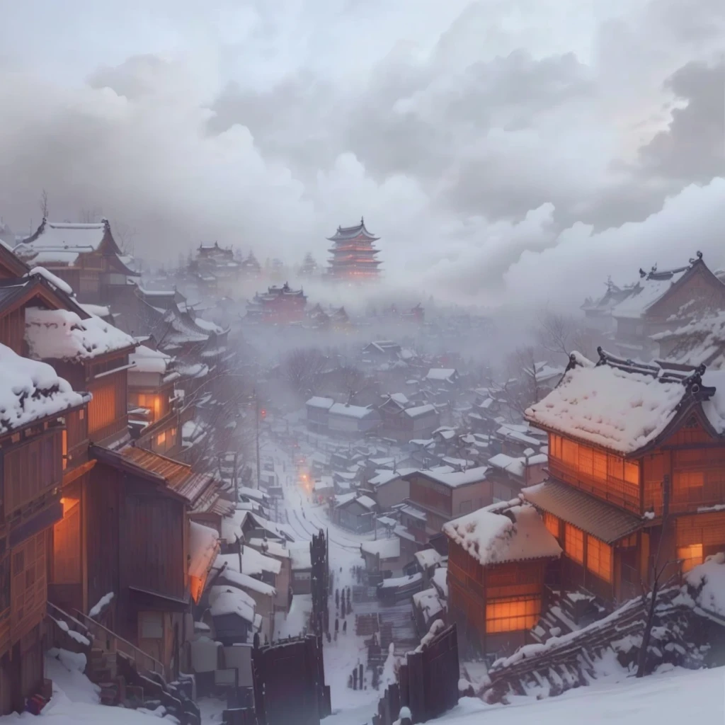Painting of a man standing on a snowy hill with a city in the background, Inspired by Andreas Rocha, Japanese Street, sekiro mountain, traditional japanese Concept Art, Dreamy city in China, Concept Art stunning atmosphere, Concept Art , Highly rendered, anime scenery Concept Art, winter Concept Art, digital painting Concept Art, beautiful Concept Art, Blazing flames inspired by Hanbei Yoshida, fire, crowd, throng, freezing, mother warming her baby.Scenery and Cityscape in the Early Meiji Era After the Meiji Restoration, Japan underwent rapid modernization and civilization. Consequently, many changes and reforms occurred. Below is a detailed explanation of the scenery, appearance of the poor, occupations, and cityscapes in the early Meiji period (1868 to the early 1880s). 2. Appearance of the Poor Life for the impoverished and lower classes remained harsh. In particular, in urban areas, people migrated from rural areas or unemployed artisans gathered, intensifying competition in the labor market. Many of them struggled with poverty, often residing in slums or around temples. 3. Occupations Meiji early Japan witnessed a diversification of occupations. Traditional agriculture and handicrafts were accompanied by the rise of modern industry and commerce. Particularly in urban areas, factory workers, shop clerks, and transporters increased, giving rise to new professions. However, many in these occupations endured harsh working conditions. 4. Influence of Civilization and Enlightenment During the Meiji era, Western cultural influences spread rapidly. Changes in clothing, dietary habits, and the proliferation of Western-style architecture advanced, especially in urban areas. Conversely, this development posed a threat to traditional culture and lifestyles, resulting in societal upheaval and adaptation challenges. 5. Social Change and Policy Influence While promoting modernization policies, the government also addressed poverty and social issues. Legislation for labor protection and charitable activities to aid the poor were implemented. Nevertheless, living conditions for the impoverished scar