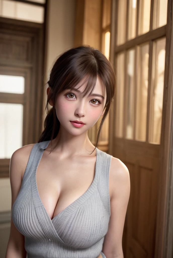 8K, of the highest quality, masutepiece:1.2), (Realistic, Photorealsitic:1.37), of the highest quality, masutepiece, Beautiful young woman, Pensive expression,、A charming、and an inviting look, Oversized knitwear、cleavage of the breast, Hair tied back, Cinematic background, Light skin tone