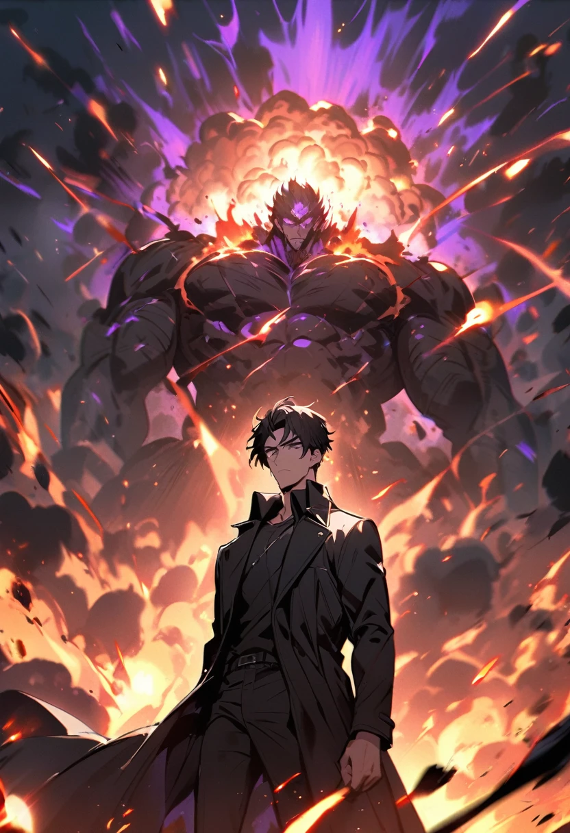handsome, alone, 1 man, short hair, black hair, purple eyes, black shirt, black coat, Lots of power, lots of explosions, lots of scars.