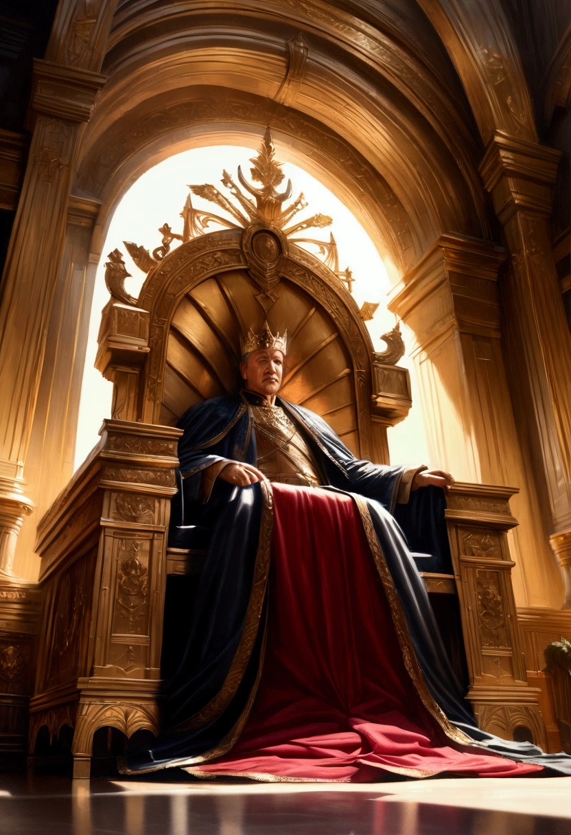 A powerful emperor on a great throne, Wearing an elaborate crown, Has a huge sword, Gentle expression,There are magic books piled up next to the throne. (Highest quality,4K,8k,High resolution,masterpiece:1.2),Very detailed,(Realistic,photoRealistic,photo-Realistic:1.37),Detailed throne, Inside the luxurious palace, Dramatic lighting, Glamorous decoration, Gold accents, Luxurious fabrics, Epic Scale, Structure of the film, Spectacular atmosphere, Rich colors, Dramatic Shadows