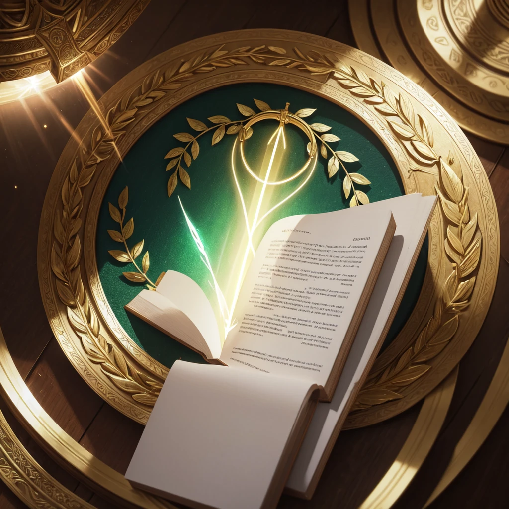 A divine light torch, knowledge, (best quality,4k,8k,highres,masterpiece:1.2),ultra-detailed,(realistic,photorealistic,photo-realistic:1.37),HDR,UHD,studio lighting,ultra-fine painting,sharp focus,physically-based rendering,extreme detail description,professional,vivid colors,bokeh,logo,minimalist,symmetrical,glowing orb,rays of light,ancient tome,quill pen,laurel wreath,gradient background