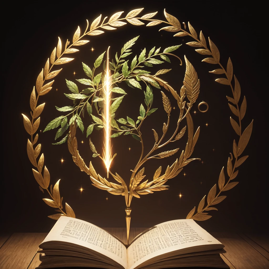 A divine light torch, knowledge, (best quality,4k,8k,highres,masterpiece:1.2),ultra-detailed,(realistic,photorealistic,photo-realistic:1.37),HDR,UHD,studio lighting,ultra-fine painting,sharp focus,physically-based rendering,extreme detail description,professional,vivid colors,bokeh,logo,minimalist,symmetrical,glowing orb,rays of light,ancient tome,quill pen,laurel wreath,gradient background