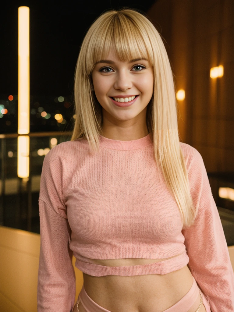 her name is Alliyah, high quality, 1girl, ((20-year-old fit Caucasian woman)), ((20 years old)), ((fit)), ((blonde with bangs)), pose: standing, wearing stylish pink mesh, BACKGROUND: indoor at night, ugly smiling, standing