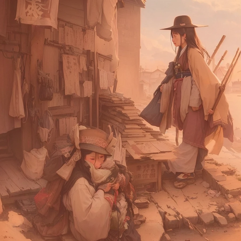 A painting of a woman in a long coat and hat standing in an abandoned town, Gwaiz, artwork in the style of Gwaiz, Beautiful artwork illustration, Jan J, by Kamisaka Sekka, by Han Gan, Sosei, illustration concept art, Gwaiz on pixiv artstation, by KamagurukaBlazing flames, fire, crowd, throng, freezing, mother warming her baby.Scenery and Cityscape in the Early Meiji Era After the Meiji Restoration, Japan underwent rapid modernization and civilization. Consequently, many changes and reforms occurred. Below is a detailed explanation of the scenery, appearance of the poor, occupations, and cityscapes in the early Meiji period (1868 to the early 1880s). 2. Appearance of the Poor Life for the impoverished and lower classes remained harsh. In particular, in urban areas, people migrated from rural areas or unemployed artisans gathered, intensifying competition in the labor market. Many of them struggled with poverty, often residing in slums or around temples. 3. Occupations Meiji early Japan witnessed a diversification of occupations. Traditional agriculture and handicrafts were accompanied by the rise of modern industry and commerce. Particularly in urban areas, factory workers, shop clerks, and transporters increased, giving rise to new professions. However, many in these occupations endured harsh working conditions. 4. Influence of Civilization and Enlightenment During the Meiji era, Western cultural influences spread rapidly. Changes in clothing, dietary habits, and the proliferation of Western-style architecture advanced, especially in urban areas. Conversely, this development posed a threat to traditional culture and lifestyles, resulting in societal upheaval and adaptation challenges. 5. Social Change and Policy Influence While promoting modernization policies, the government also addressed poverty and social issues. Legislation for labor protection and charitable activities to aid the poor were implemented. Nevertheless, living conditions for the impoverished scarcely improved. The early Meiji period marked a rapid transformation in Japan, with comple