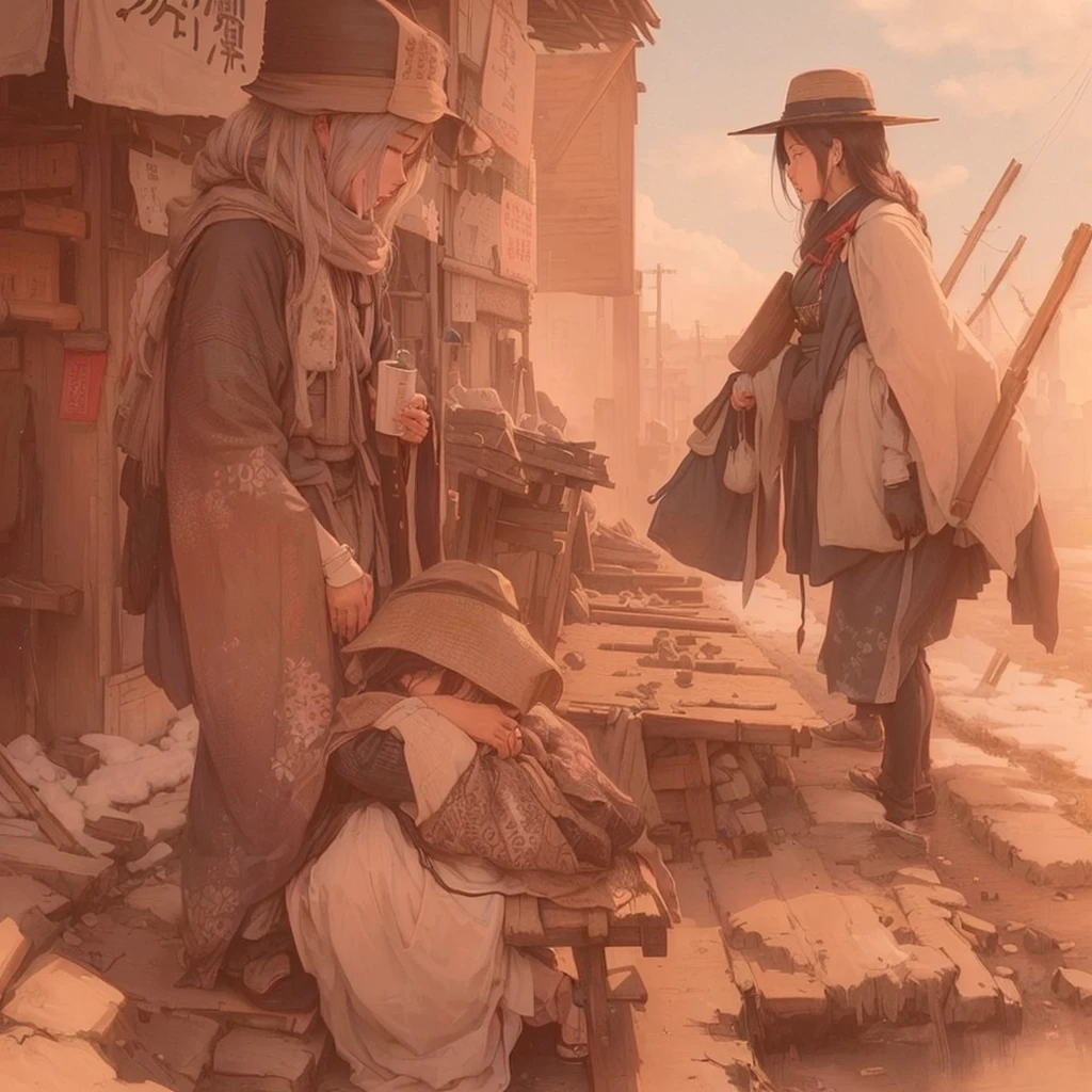 A painting of a woman in a long coat and hat standing in an abandoned town, Gwaiz, artwork in the style of Gwaiz, Beautiful artwork illustration, Jan J, by Kamisaka Sekka, by Han Gan, Sosei, illustration concept art, Gwaiz on pixiv artstation, by KamagurukaBlazing flames, fire, crowd, throng, freezing, mother warming her baby.Scenery and Cityscape in the Early Meiji Era After the Meiji Restoration, Japan underwent rapid modernization and civilization. Consequently, many changes and reforms occurred. Below is a detailed explanation of the scenery, appearance of the poor, occupations, and cityscapes in the early Meiji period (1868 to the early 1880s). 2. Appearance of the Poor Life for the impoverished and lower classes remained harsh. In particular, in urban areas, people migrated from rural areas or unemployed artisans gathered, intensifying competition in the labor market. Many of them struggled with poverty, often residing in slums or around temples. 3. Occupations Meiji early Japan witnessed a diversification of occupations. Traditional agriculture and handicrafts were accompanied by the rise of modern industry and commerce. Particularly in urban areas, factory workers, shop clerks, and transporters increased, giving rise to new professions. However, many in these occupations endured harsh working conditions. 4. Influence of Civilization and Enlightenment During the Meiji era, Western cultural influences spread rapidly. Changes in clothing, dietary habits, and the proliferation of Western-style architecture advanced, especially in urban areas. Conversely, this development posed a threat to traditional culture and lifestyles, resulting in societal upheaval and adaptation challenges. 5. Social Change and Policy Influence While promoting modernization policies, the government also addressed poverty and social issues. Legislation for labor protection and charitable activities to aid the poor were implemented. Nevertheless, living conditions for the impoverished scarcely improved. The early Meiji period marked a rapid transformation in Japan, with comple